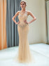 Mermaid Sleeveless Beading Gold Floor Length Tulle Prom Dress LBQ3323
